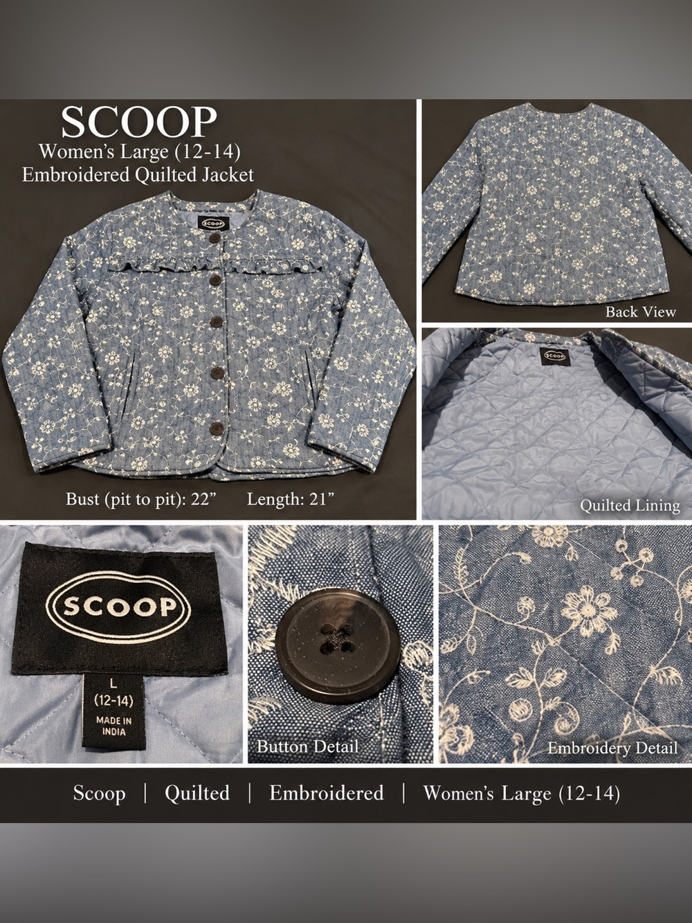 Scoop Women’s Large Quilted Embroidered Floral Jacket 12/14